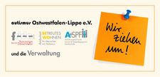 Foto zeigt Schriftzug "Wir ziehen um" und "autismus Ostwestfalen-Lippe" e.V. 