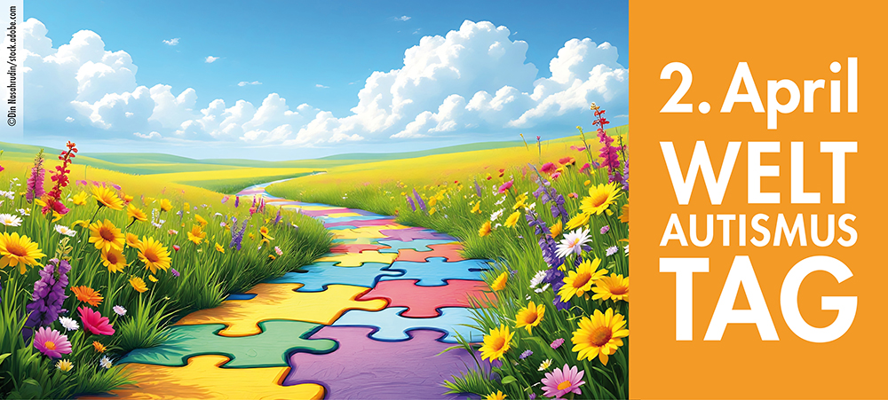 Foto zeigt Weg aus bunten Puzzleteilen, daneben bunte Blumen und Schriftzug "2. April Welt-Autismus-Tag"