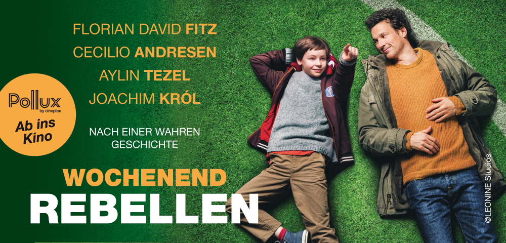 Foto zeigt Florian David Fitz und Cecilio Andresen mit der Überschrift zum Film Wochenendrebellen